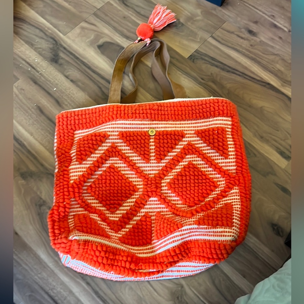 Orange Bali-Themed Printed Pom-Pom Beach Bag